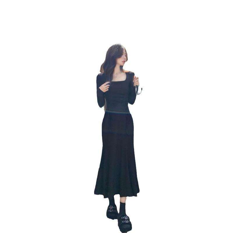 Pure Desire Square Collar Fishtail Dress Women's Spring, Autumn and Winter Bottoming Hip Skirt Waist Slim Long Skirt Coat