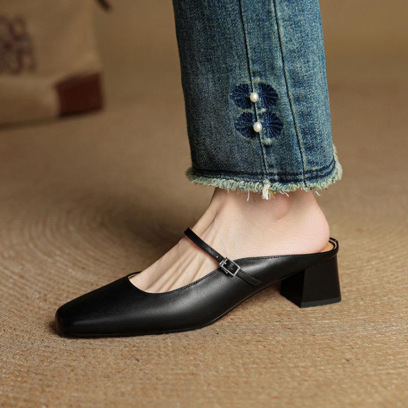 Summer women's high-heeled slippers new bag head slippers leather square head one pedal casual solid color large size cool slippers