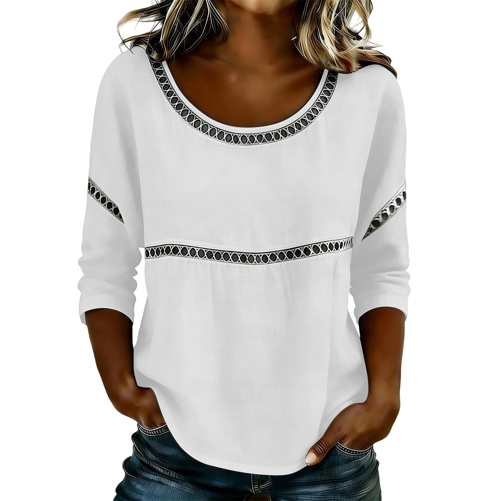 

Women s Fashionable Color Round Neck Seven Quarter Sleeved Cotton And Linen Top XL білий