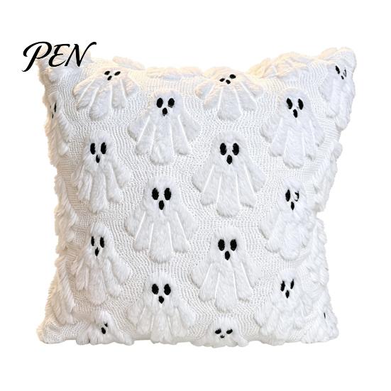 Fuzzy Ghost Throw Pillow Cover Halloween Cushion Cover, 18x18 Inch Covers Washable Plush Case for Sofa Couch Home Holiday Decor Accent Pieces