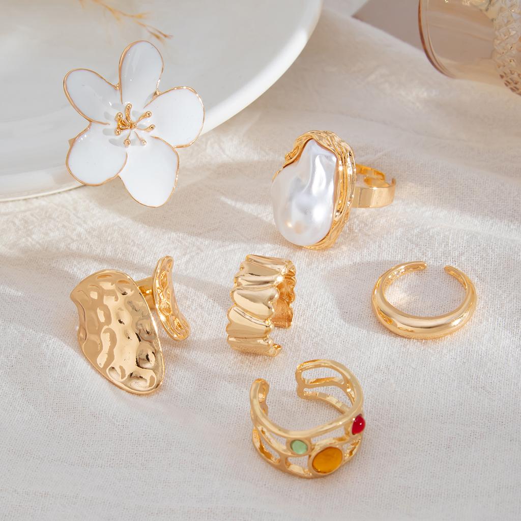 Ingemark 6Pcs/Set Vintage Flower Open Rings for Women 2026 New Fashion Boho Imitation Pearl Crystal Ring Y2K Bridal Jewelry Gift