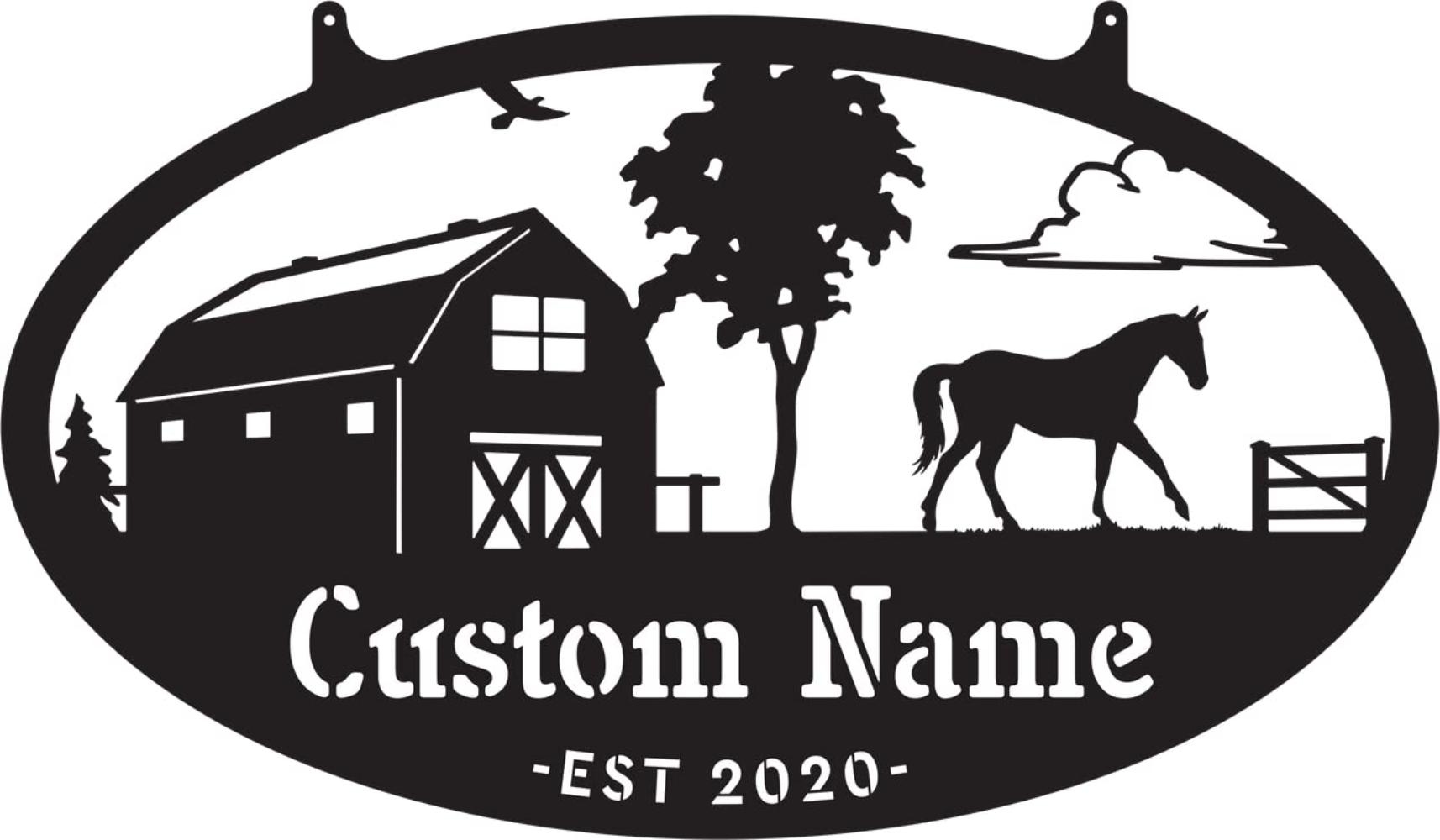 

Custom Metal Sign Farmhouse Barn Horse Trees Fence Personalized Outdoor Decor 18 inch