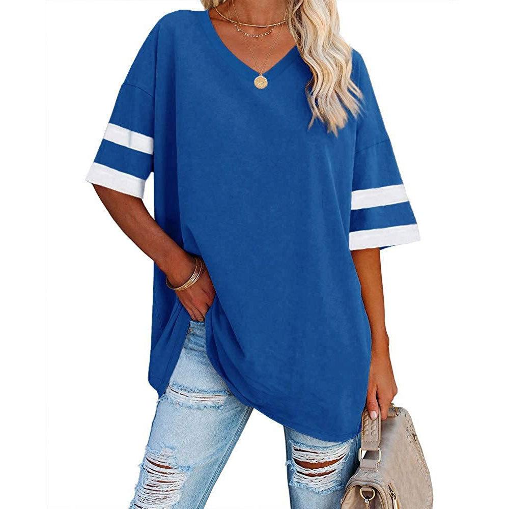

[Comfy Plus Size Tee] Soft Stretch Plus Size V-Neck T-Shirt - Casual & Comfy Short Sleeve Top In Heather Gray with Stripe Detail, Sizes XL To 5XL XXL темно-синього кольору