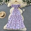 French sweet style square neck floral dress women's summer pleated waist strap A word temperament long dress red