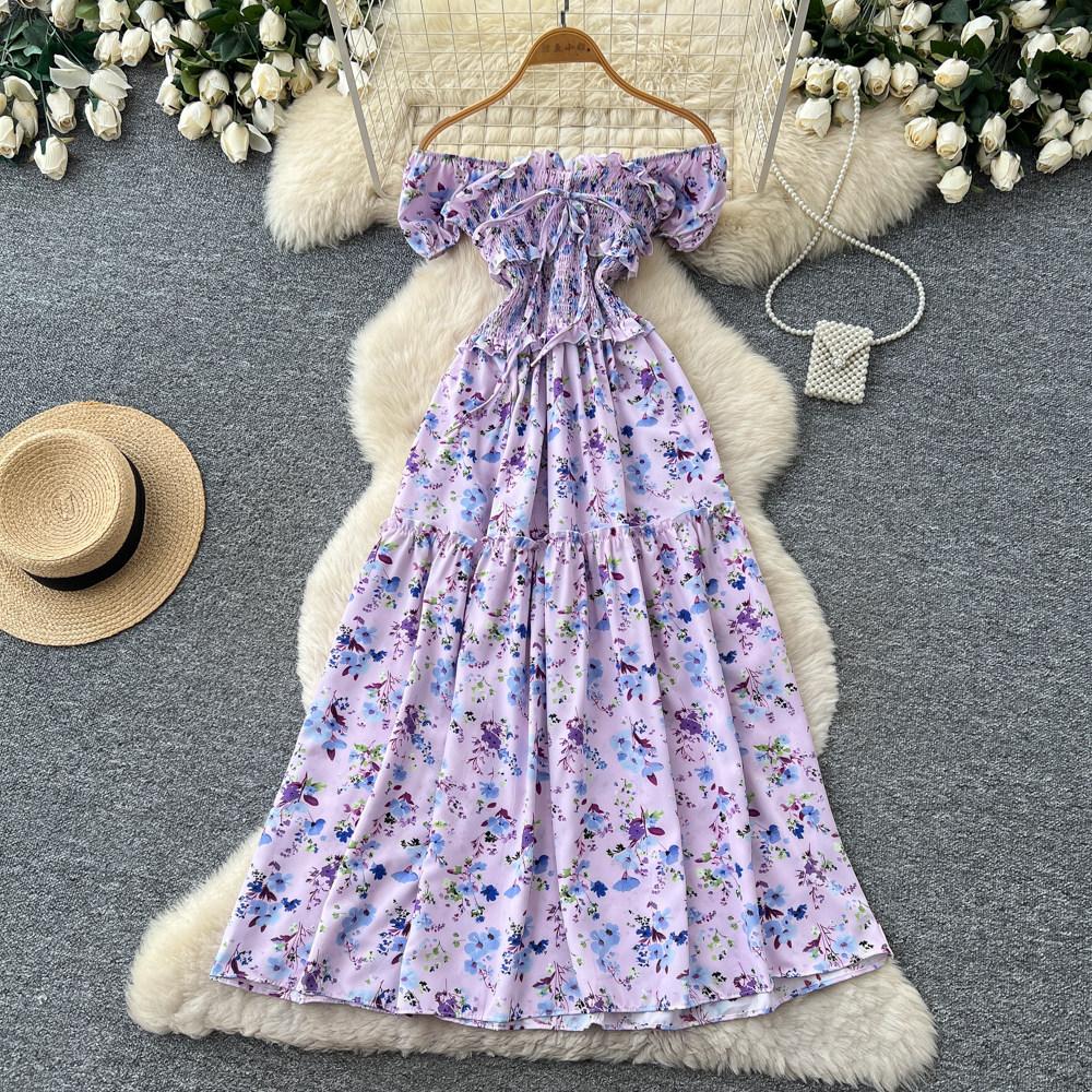 French sweet style square neck floral dress women's summer pleated waist strap A word temperament long dress red