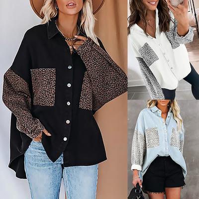 Shirt Jacket Women Long Sleeve Pocket Leopard Print Lapel Cardigan Top