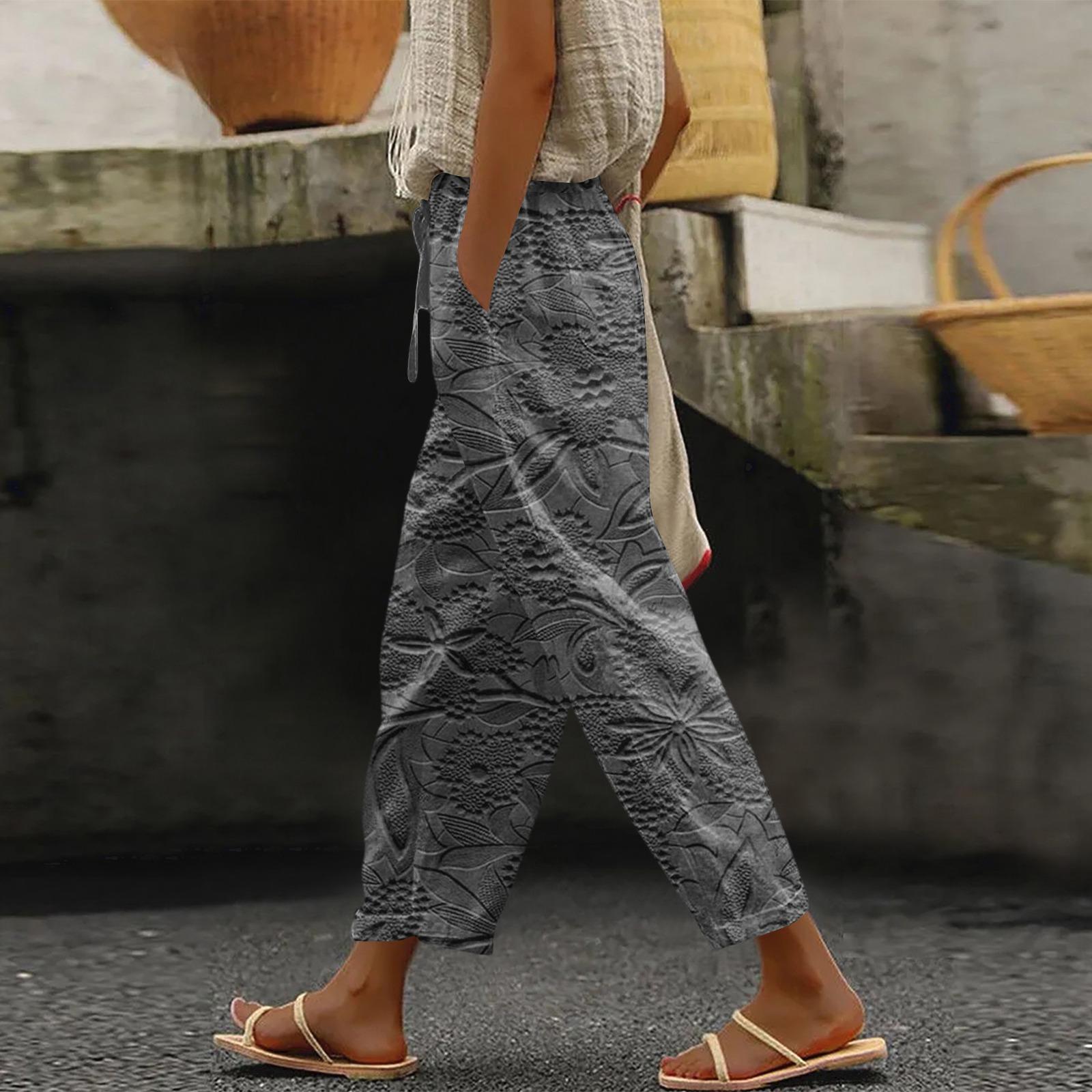 Women s Fashionable Floral Print Drawstring Pocket Elastic Waist Casual Pants L