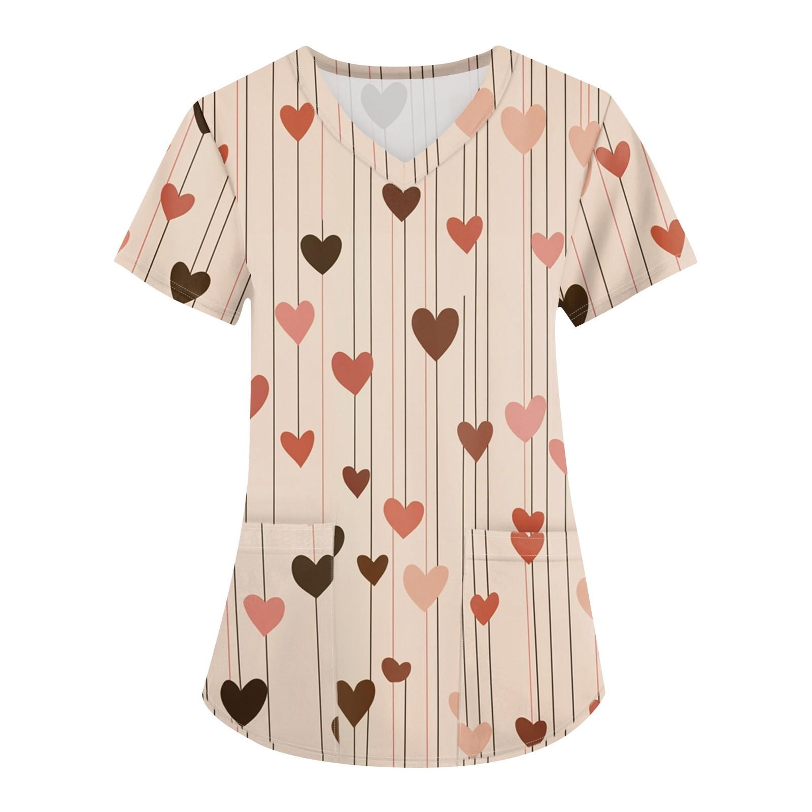 

Большие размеры, печатные рабочие униформы, топы для женщин, крестообразный V-образный вырез, День святого Валентина, принт, короткий рукав, забавные футболки, рабочая одежда, футболка с карманами XXXXXL