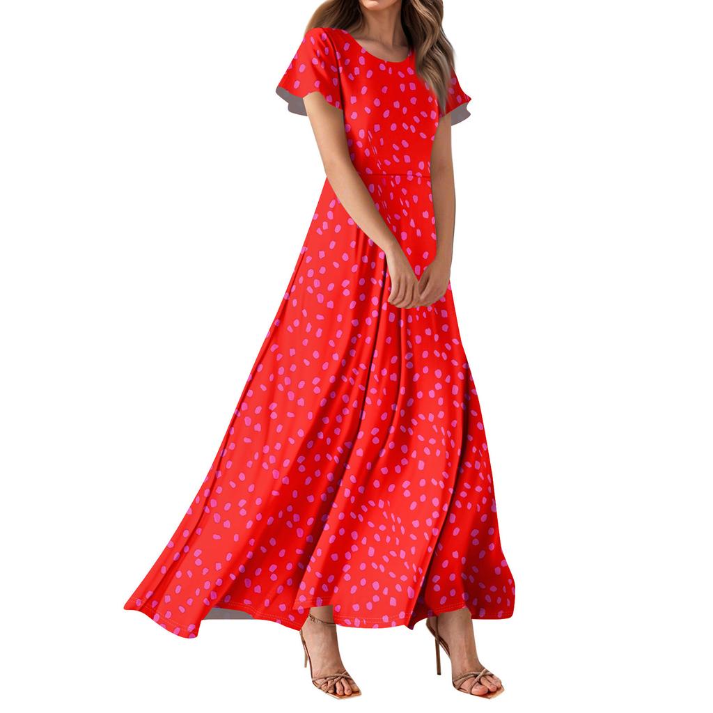 Women's Bohemian Print Casual Round Neck Short Sleeve High Waist Dress Elegant Dress