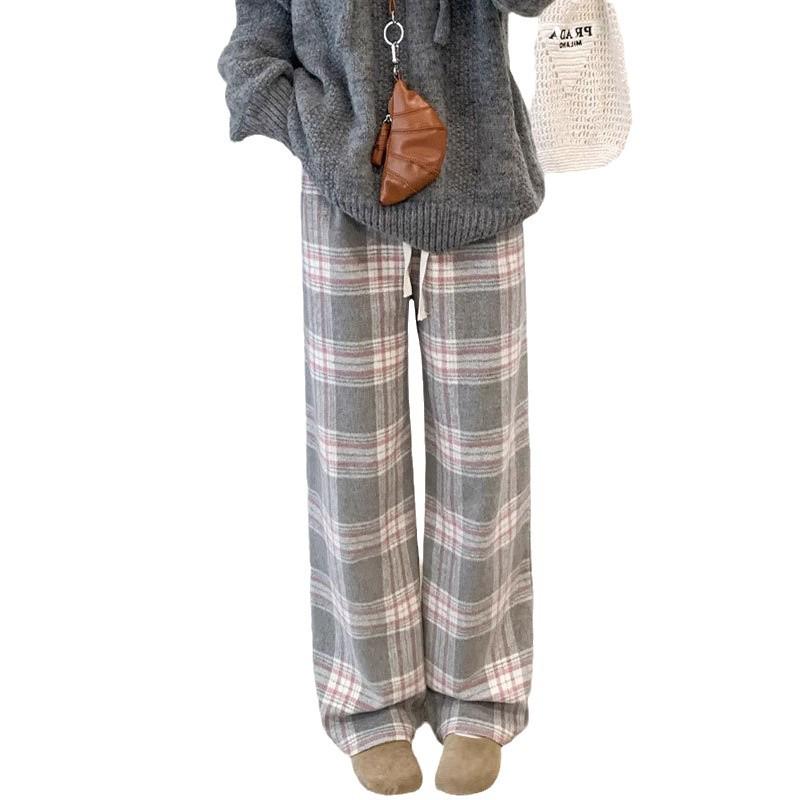 Women's High-End Retro Plaid Velvet Pants: Loose, Slimming Straight-Leg, Casual Wide-Leg Long Pants