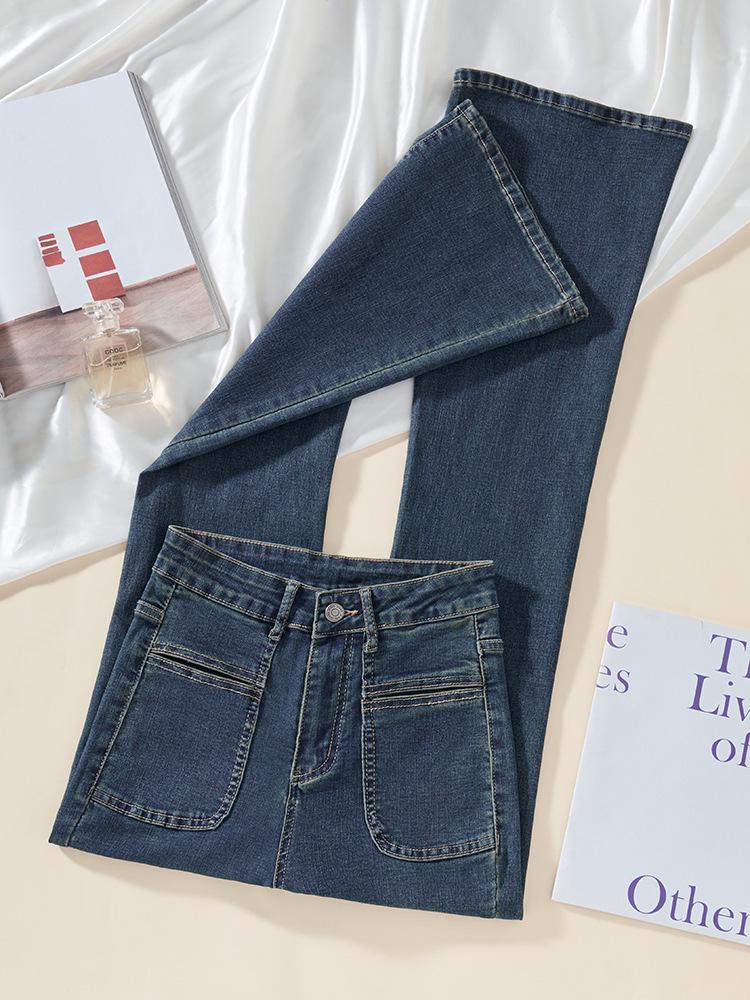 Women s High Waist Cement Color Micro Flare Jeans - Slim Fit, Elastic, Floor-Length, Winter 2025 Style XL