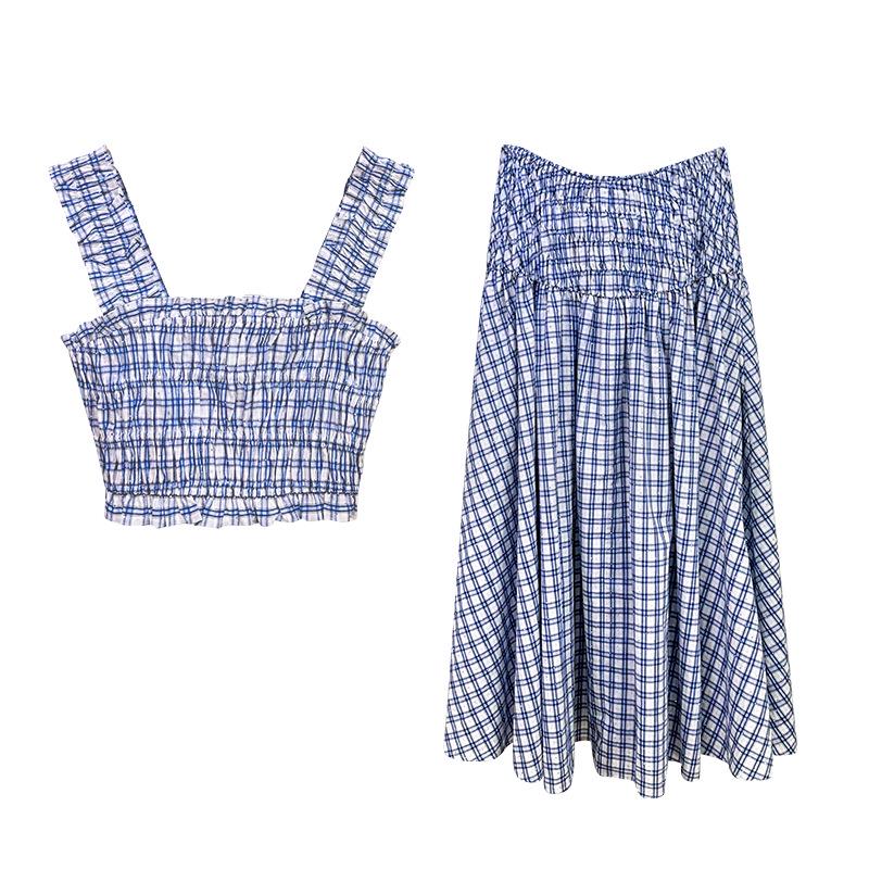 Seaside Blue & White Plaid Beaded Camisole Top + High-Waisted Skirt Set