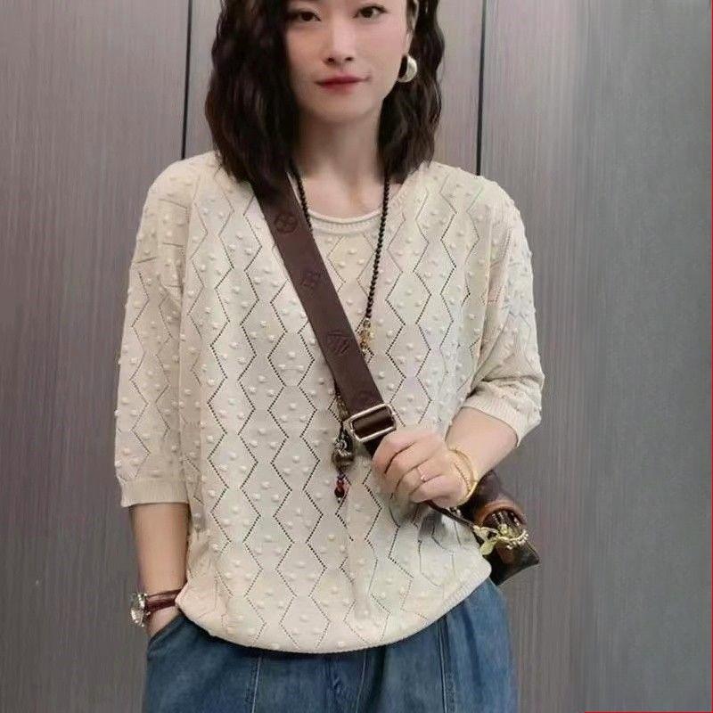 Women's Plus Size Knit Sweater Spring Autumn Summer Solid Round Neck Knit T-Shirt Vintage Short Sleeve Thin Knit Pullover Top