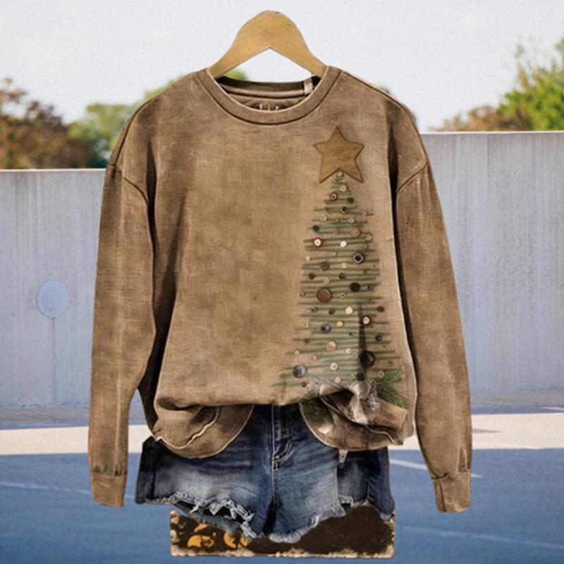 2026 Women's Retro Brown Christmas Tree Round Neck Pullover Hoodie - Versatile & In Stock