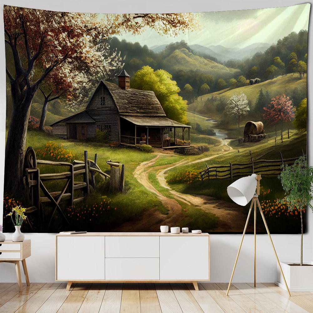 Beautiful wooden house, floral tapestry, forest landscape, home decoration hanging cloth, living room dormitory background cloth