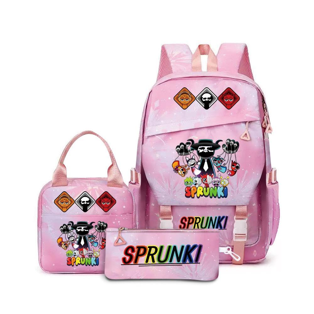 Around the box, elementary school bag sprunki cartoon backpack three-piece set D
