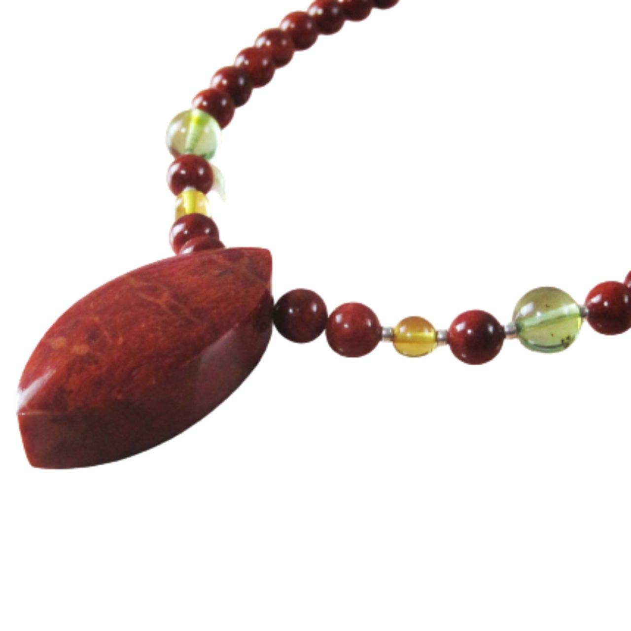 

African coral necklace with reversible coral and black pearl shell pendant, coral bead, amber, adjustable clasp, 40cm length.