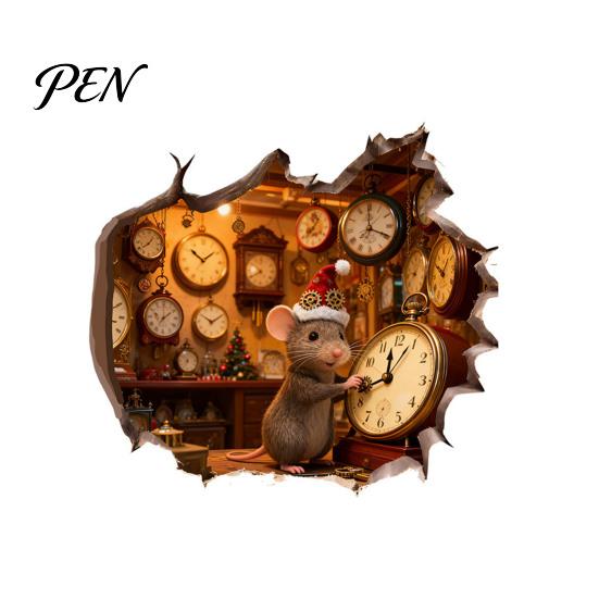 3D Christmas Mouse Sticker Hole Wall Sticker, Waterproof PVC Decal, Creative Festive Scene Easy Apply for Holiday Living Room And Bedroom Decor Art