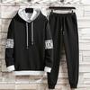 2Pcs/Set Men Letter Color Block Casual Sportwear Hooded Drawstring Long Sleeve Pullover Sweatshirt Elastic Waist Pockets Jogger Pants Set