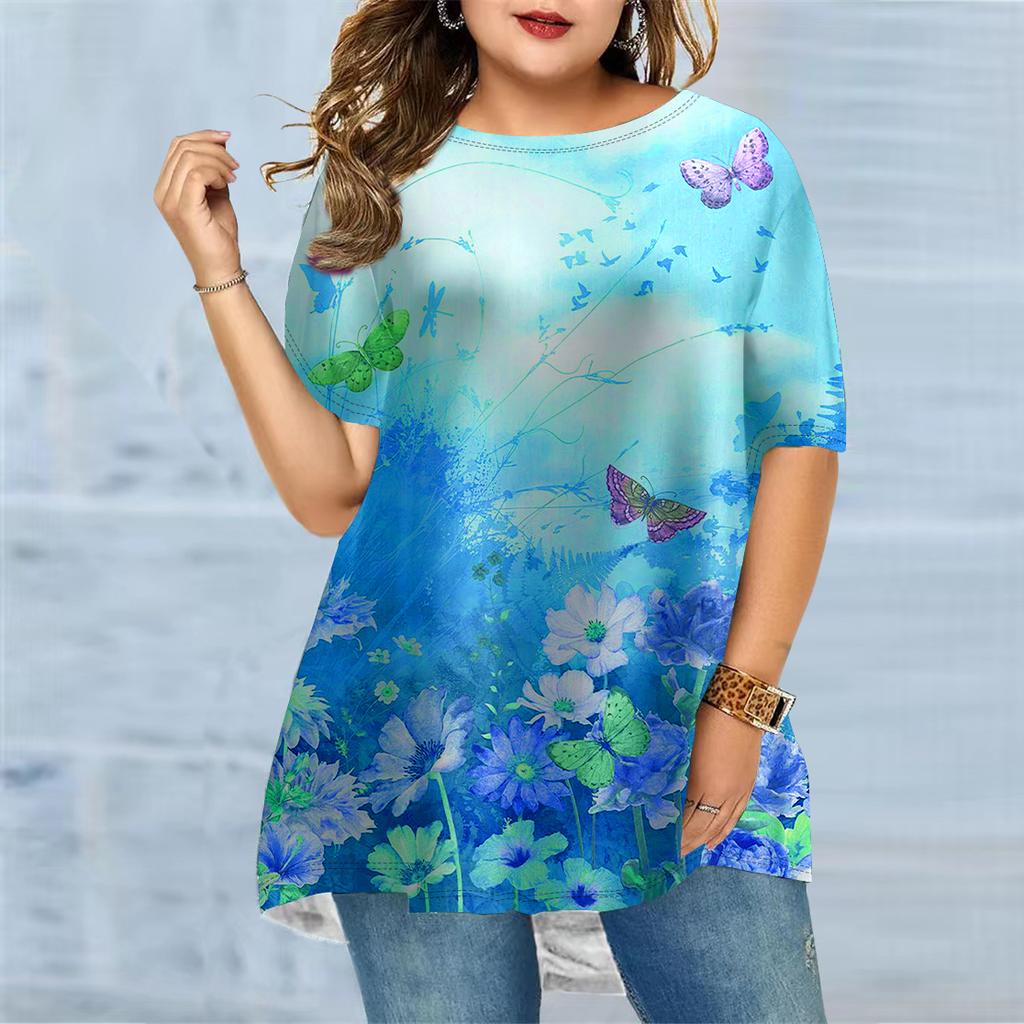 Damski T-shirt w dużym rozmiarze na lato z czerwonym nadrukiem kwiatowym, wygodny, z krótkim rękawem i okrągłym dekoltem, casualowy, luźny, o średniej długości