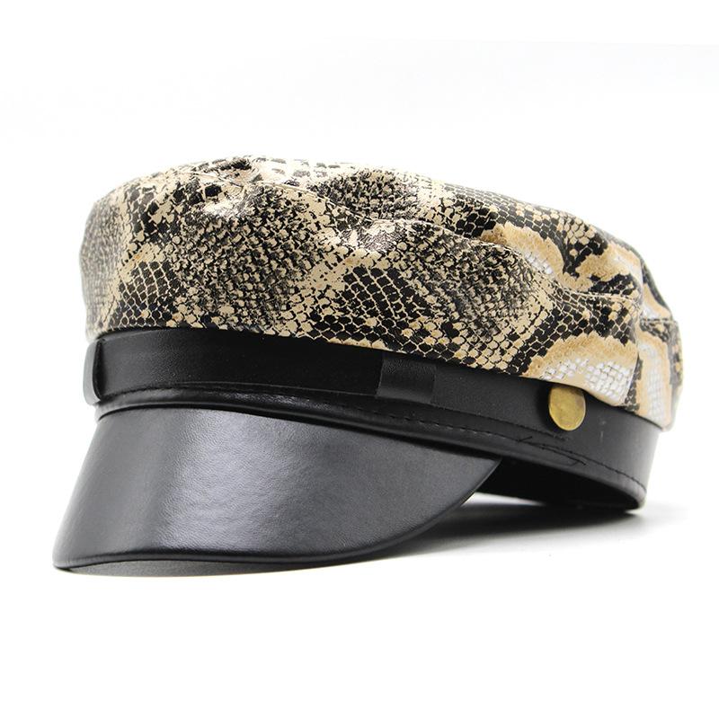 Flat Top Snakeskin Leather Navy Hat Spring Style Cap British Style Versatile Beret