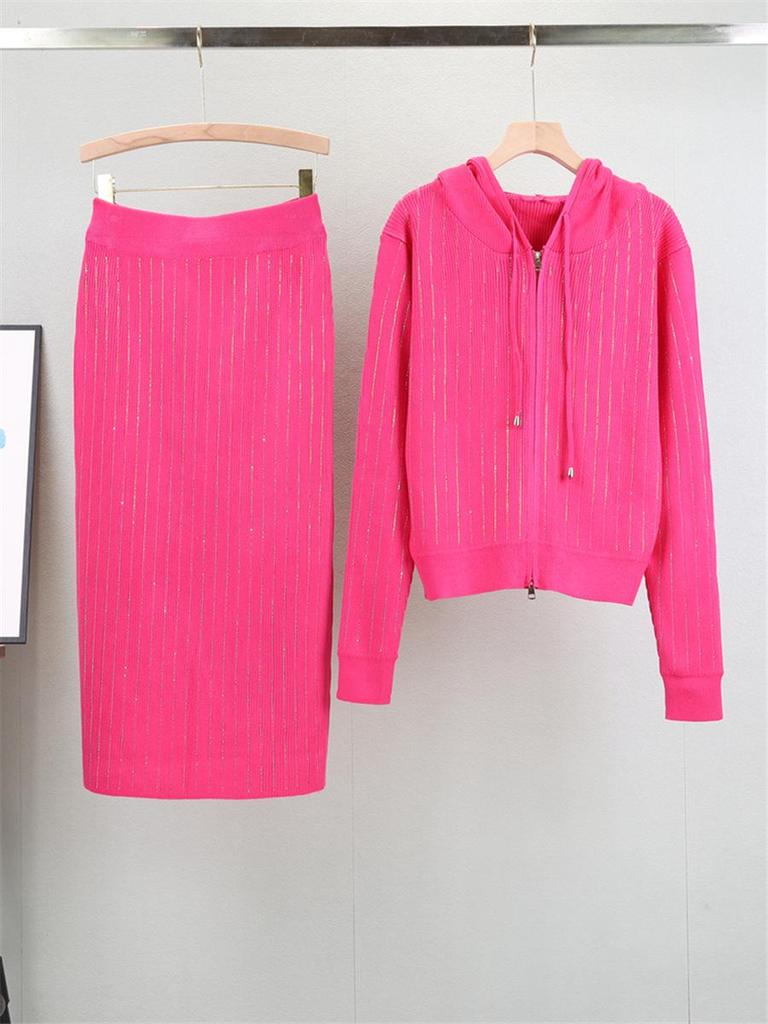 Elegant Korean Rhinestone Knit Cardigan & Skirt Set - Women's Spring/Autumn Two-Piece