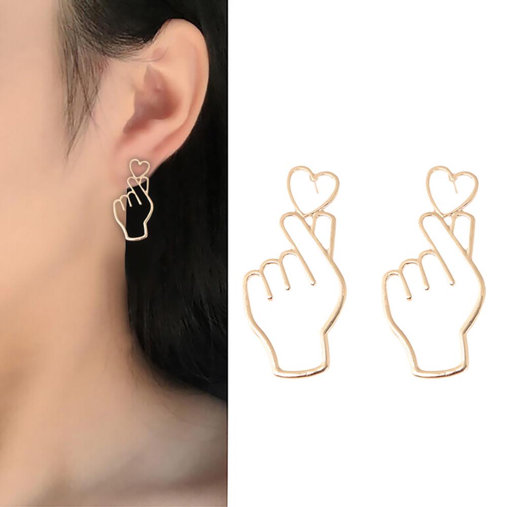1 Pair Finger Heart Alloy Earrings Hollowed Out Love Ear Studs Ornaments Jewelry
