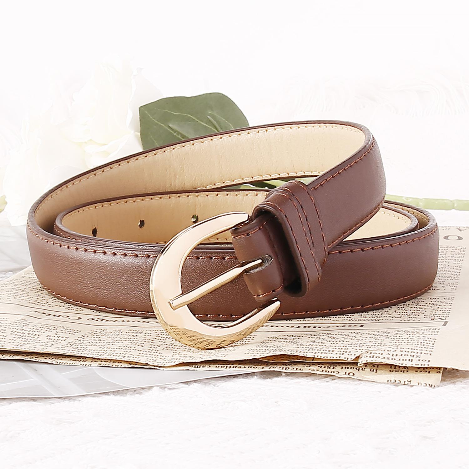 

Трендовая пряжка-пин из сплава, повседневный тонкий ремень в стиле ретро из искусственной кожи ПУ с имитацией пяти элементов для женщин one size fits all темно-коричневого