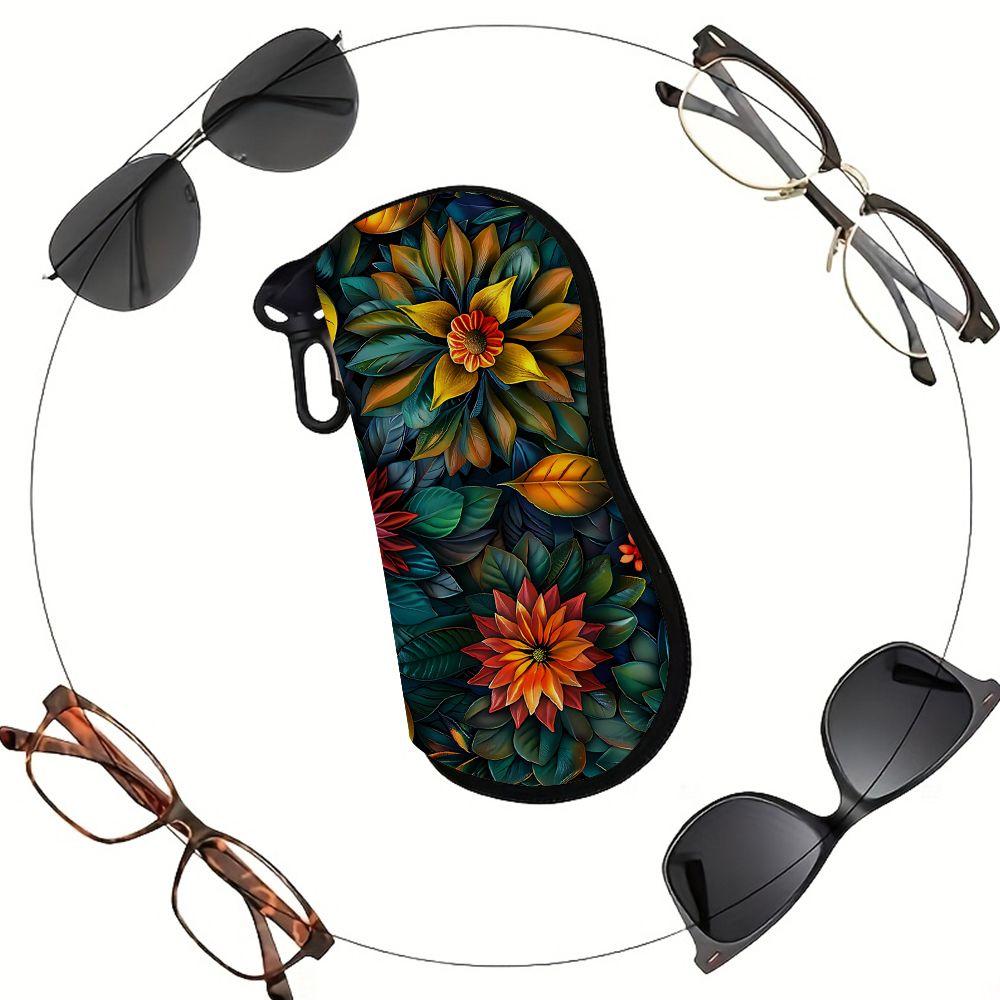 2D-Floral Print Zipper Sunglasses Case, Protective Eyewear Organizer with Colorful Botanical Pattern, Stylish Portable Glasses Container for Travel Ac