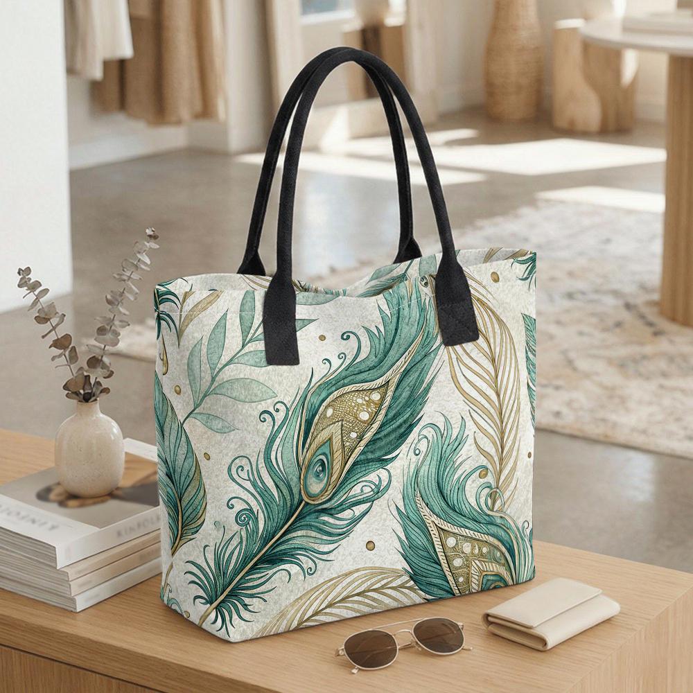 Bohemian Peacock Feather Print Tote Bag Large Capacity Casual Canvas Shoulder Bag for Daily Use