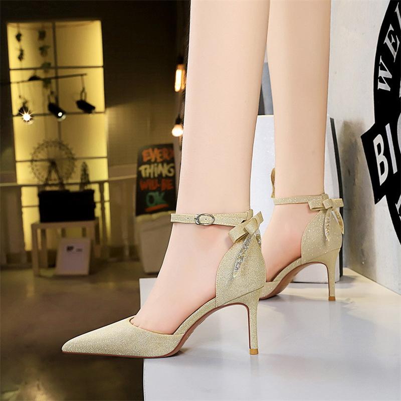Fashion Women Pointed Toe Silver Comfort High Heel Pumps  Cute Sweet Back Bow Golden Wedding Shoes Bridal Designer Fashion Sandals