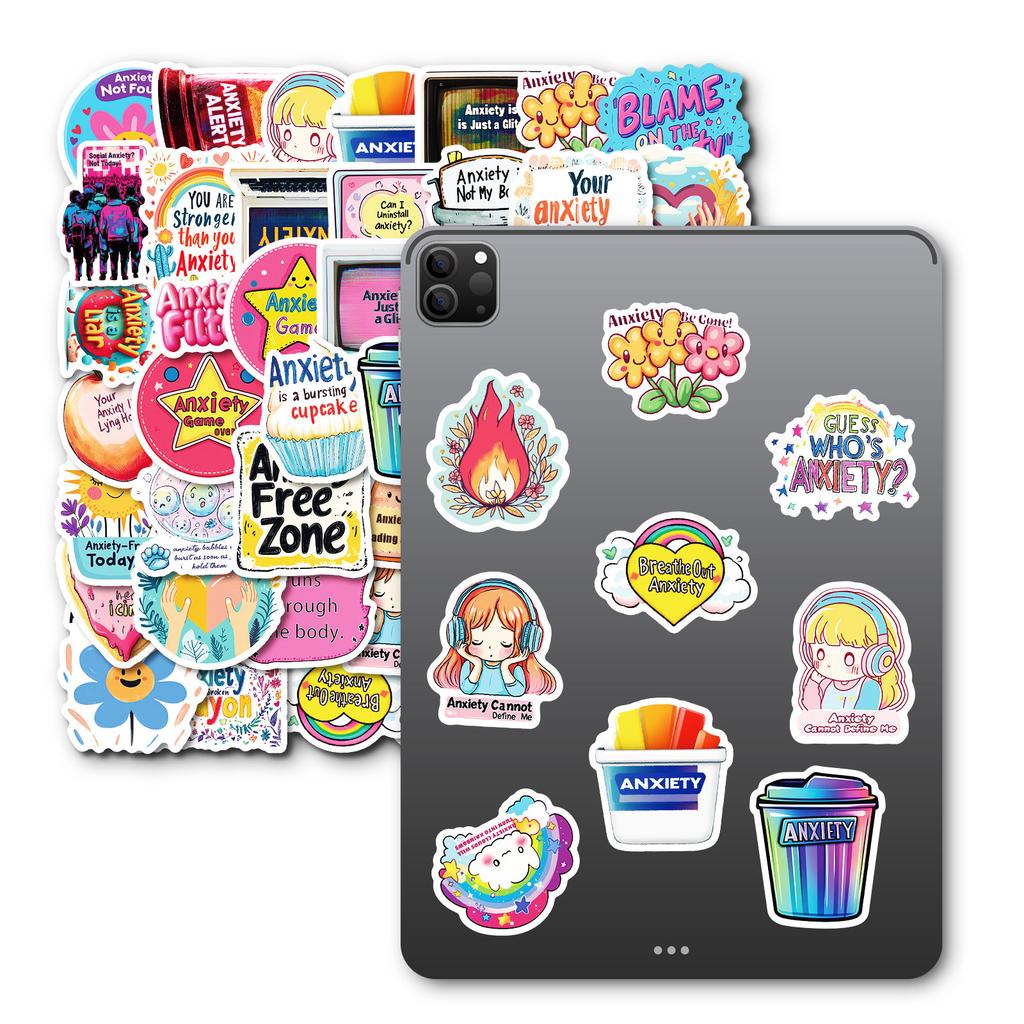 50PCS Anxiety Quote Cartoon Graffiti Stickers, English Anxiety-Themed Phrases Decorative Stickers
