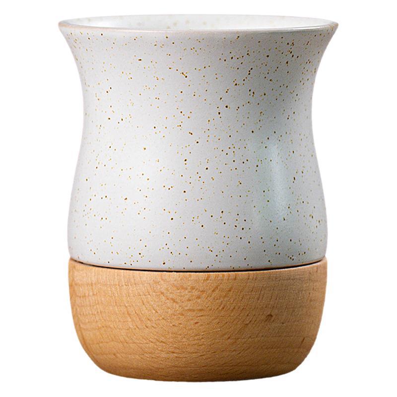 Vintage Coarse Pottery Ceramic Espresso Cup with Wooden Base, Personal Water & Tea Mug for Office