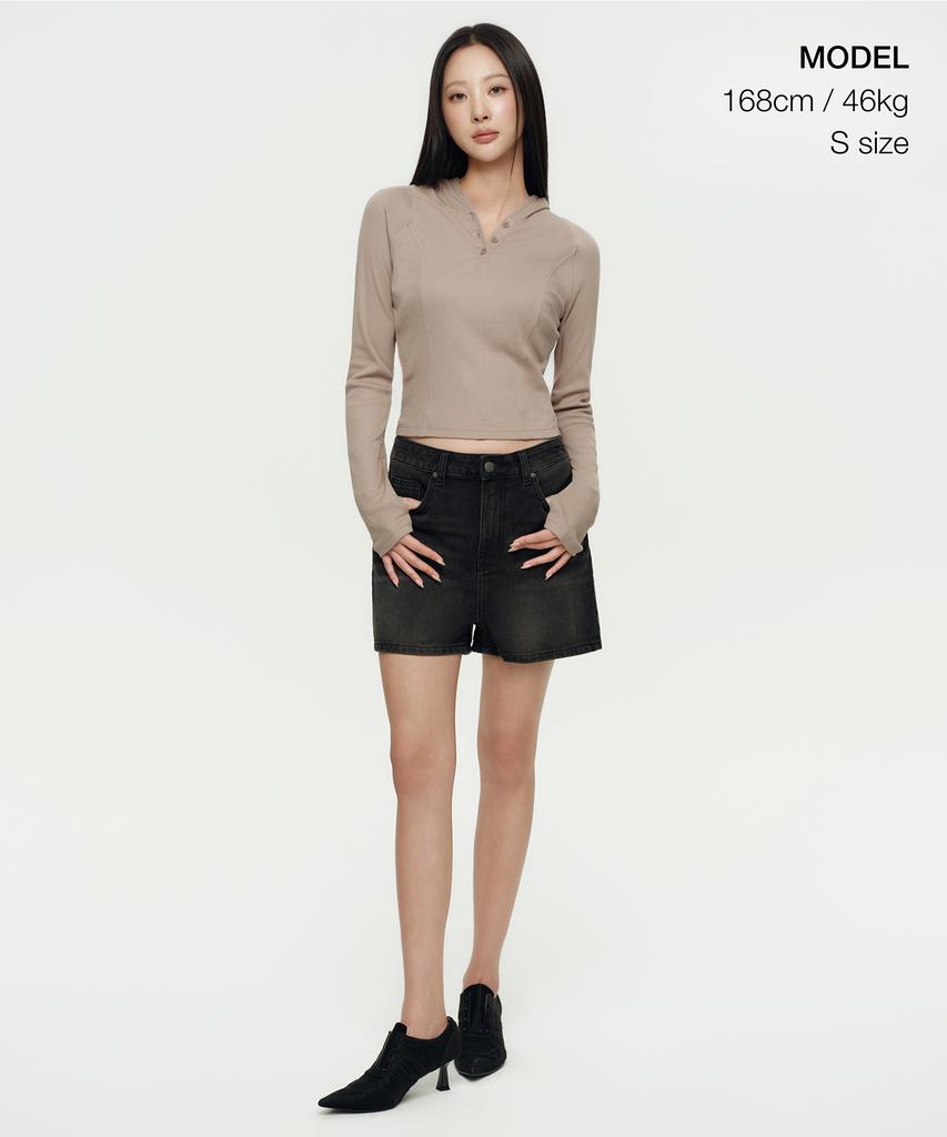 Women'S Ribbed Slim Hooded Long Sleeve T-Shirt [Grayish Beige]