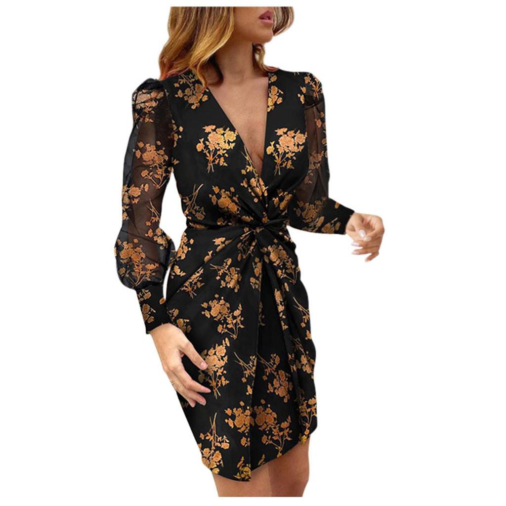 Women Long Sleeve V Neck Vestido Corto Estampado  Dress Holiday