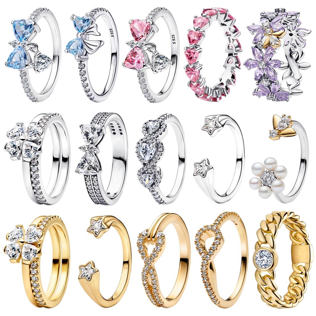 Luxury 925 Silver Heart-shaped Bow Flower Ring Fit Women's High-end Jewelry Parties Valentine's Day Gifts
