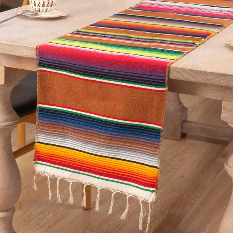 Mexican Serape Table Runner Cotton Colorful Striped Mexican Dining Table Decoration For Cinco De Mayo Fiesta Party Wedding