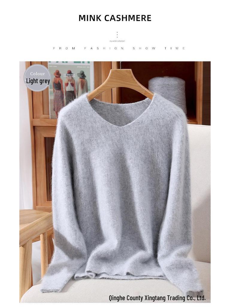 Damen Schlank geschnittener V-Ausschnitt Nerz Kaschmir Pullover, Große Größen, Herbst/Winter Pullover