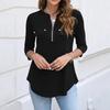 Women's Casual Fashion Polo Collar Half Zip Three Quarter Sleeve Top with Faux Pockets Relaxed Fit Lightweight Blouse