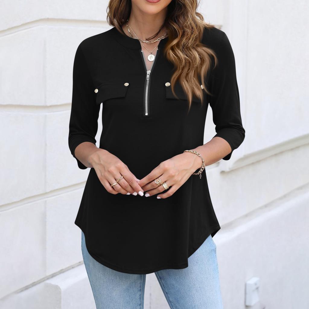 Women's Casual Fashion Polo Collar Half Zip Three Quarter Sleeve Top with Faux Pockets Relaxed Fit Lightweight Blouse