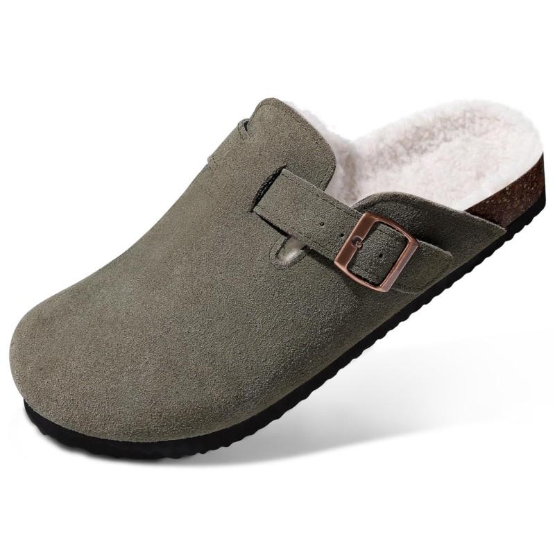 Fashion Kidmi Women's Slippers with Adjustable Metal Buckle Fashion Fur Lined Suede Clogs Cork Footbed Mules Slip On Winter Potato Shoes