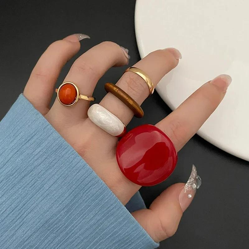 

5Pcs Women Retro Ring Set Red Green Resin Butterfly Flower Enamel Gold Plated Jewelry Rings resizable