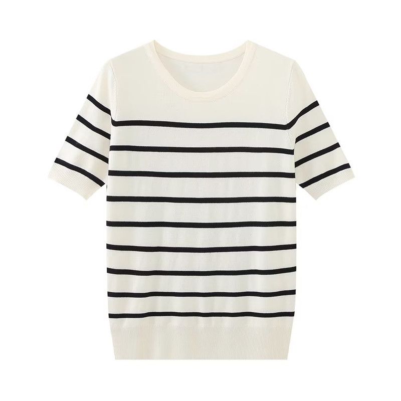 Fashion Style Summer New Arrival Women's Clothing All-Matching Round Neck Short Sleeve Basic Stripes Knitwear 8851017 105