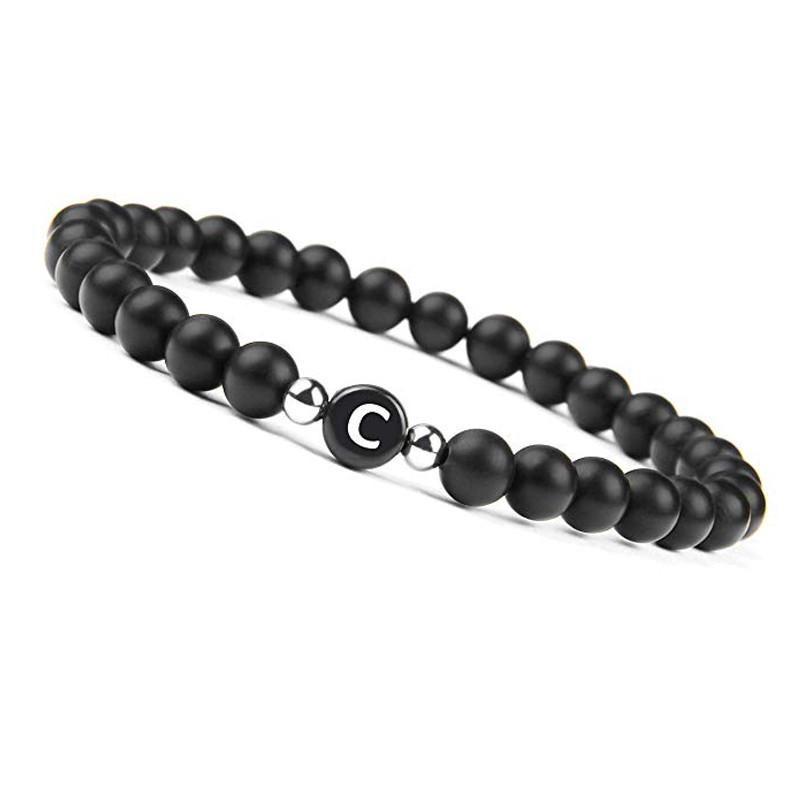 6mm Black Frosted Agate Stone Beaded 26 Letters Bracelet Valentine's Day Gift