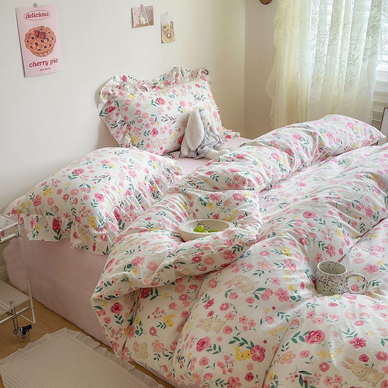 Ins Girl Bedding Set Heart Cherry Duvet Set With Double Layer Yann Pink Four PIECE Set Simple Washing Cotton Bed Sheet Bed Sheet