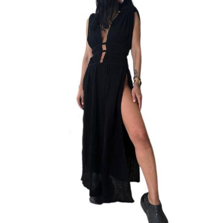 

Vacation Beach Summer Maxi Dress Bohemian Style Deep V Neck Sleeveless Hollow Out Pleated Split Lace-up Belted Waist Long Dress чёрный