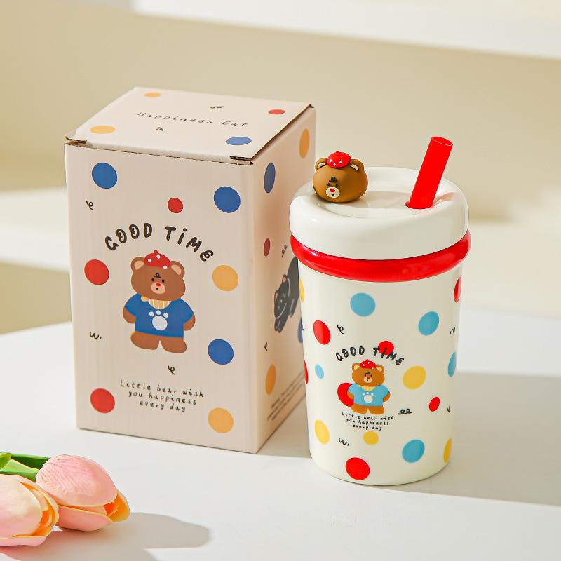 Girl's Heart Cute Pet Mug Cute Straw Ceramic Cup with Lid Spoon Girls Coffee Milk Cup Birthday Gift