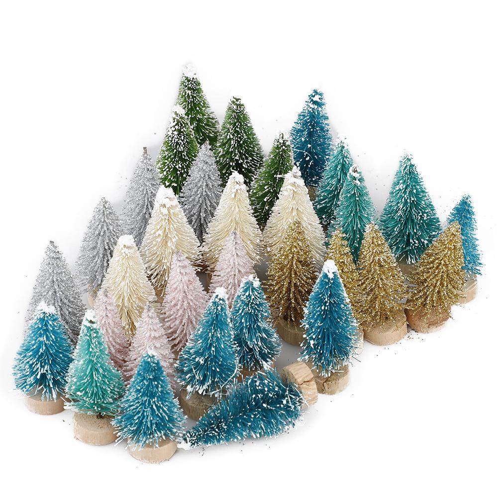 33Pcs Multicolor Mini Pine Christmas Trees Frosted Sisal Trees With Wood Base Plastic Winter Snow Ornaments Tabletop Trees Decor