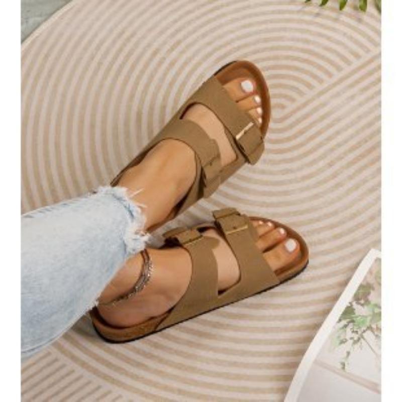 One-word buckle slippers women's new women's shoes large size wear thick-soled cork beach cool slippers