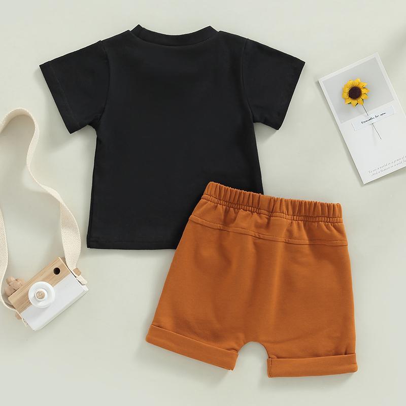 Boy Summer Clothes Set Short Sleeve Round Neck Letter Print T-shirt + Solid Color Drawstring Shorts Boys Outfits